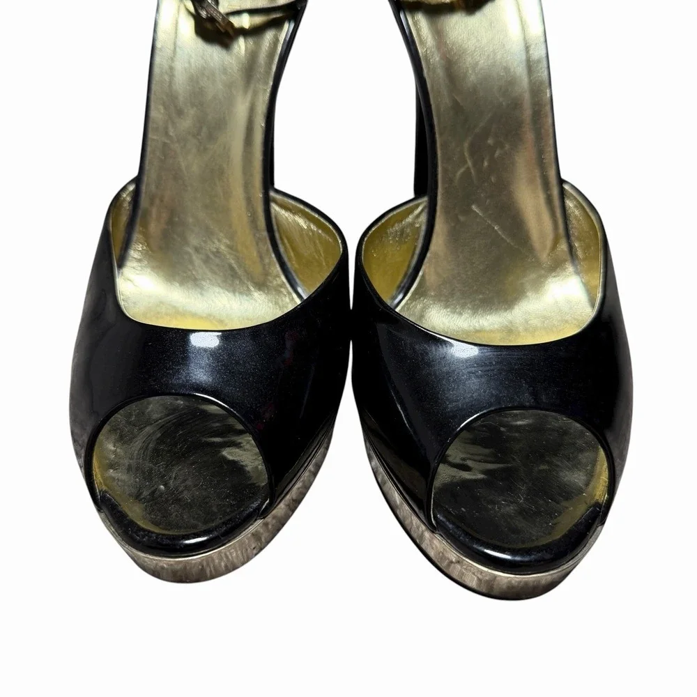 Gucci Black Patent Leather‎ Gold Platform Peep Toe Heels 9.5B Made in Italy